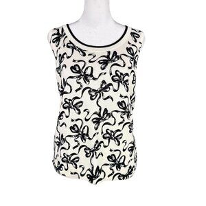 Talbots Petite LP Charming Shell Ivory Black Bows Knit Tank Top Sleeveless PL